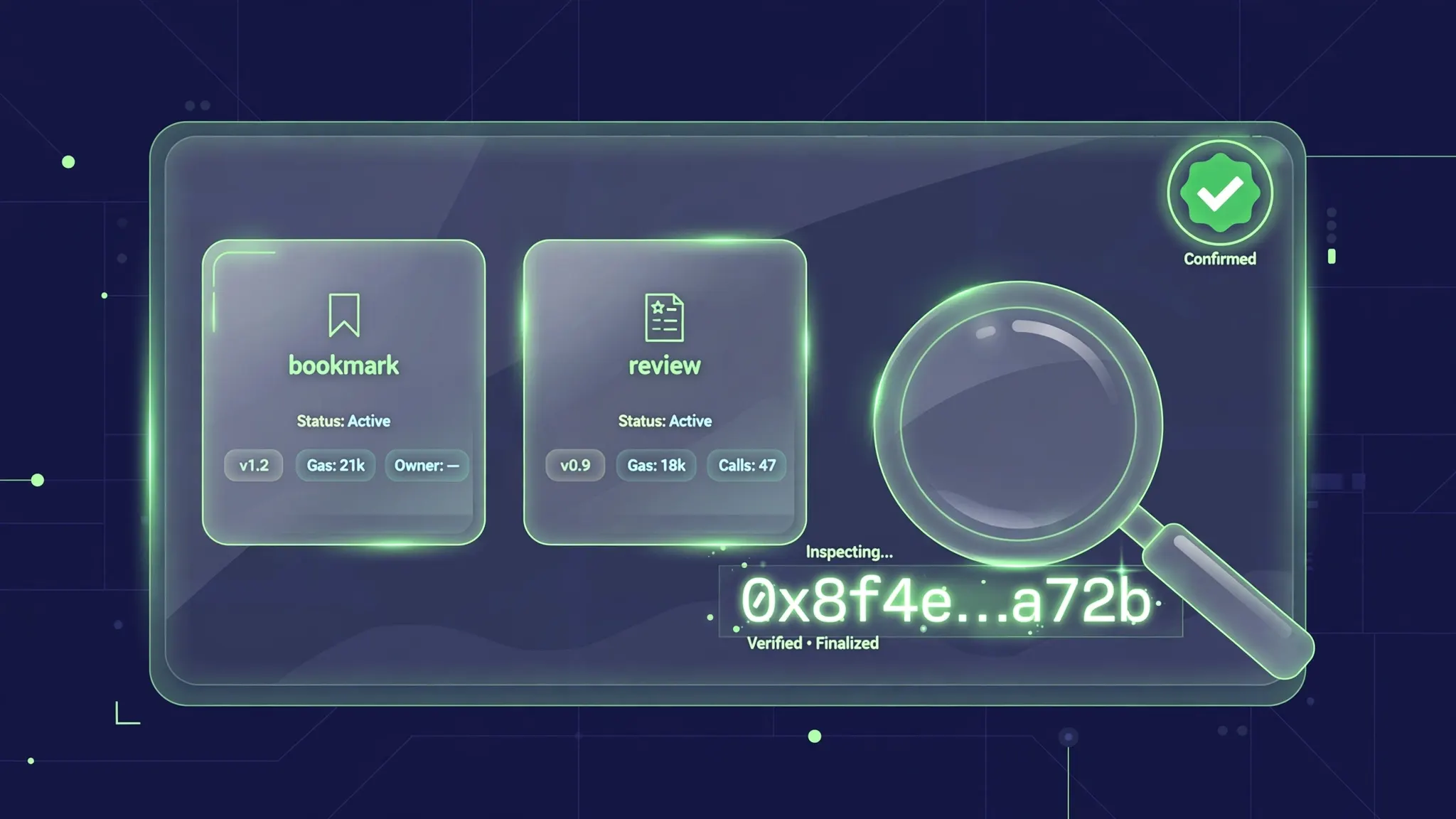 Illustration of a glass control panel with contract cards, a green confirmation badge, and a magnifier over a transaction hash
