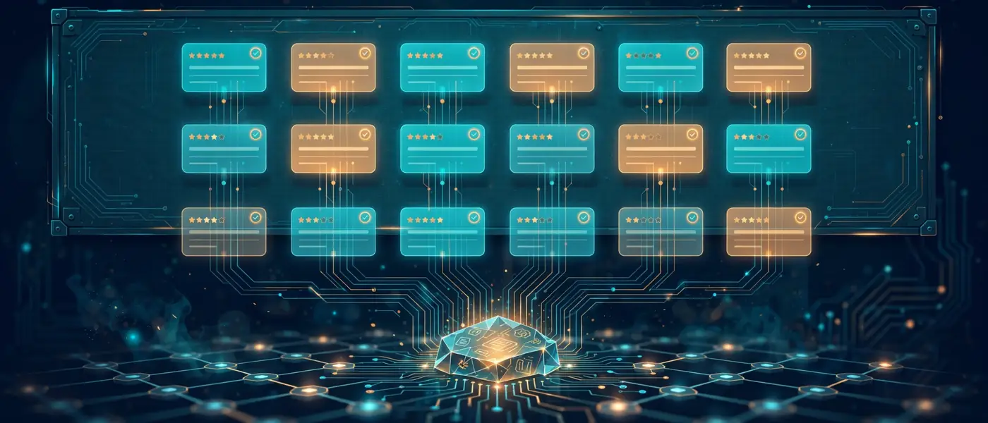 AppFeedback cover: glowing feedback cards over an on-chain ledger