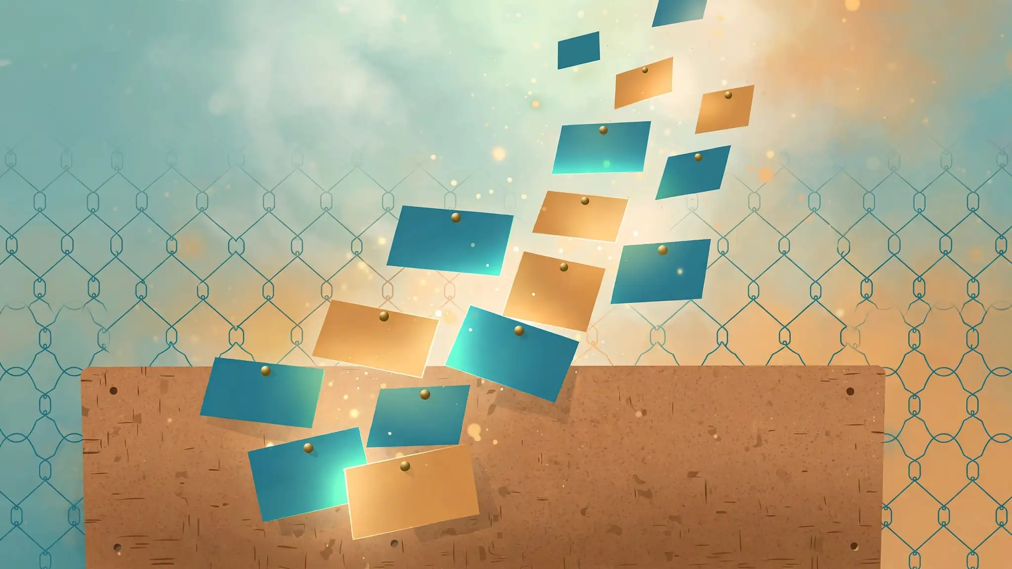 Cover art: a cork board with glowing pinned cards rising into light