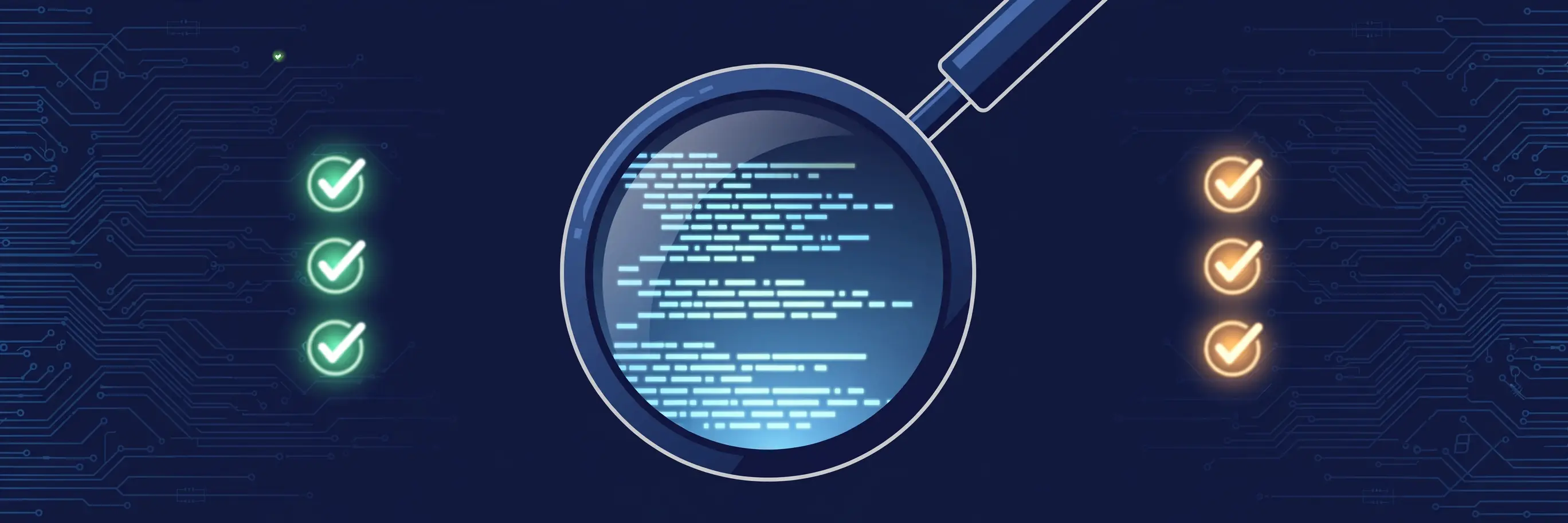 Illustration: a magnifying lens over glowing contract code