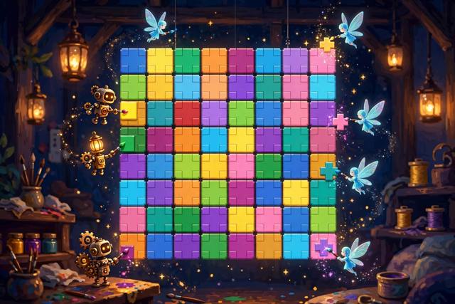 Muses collaboratively painting a giant glowing pixel canvas
