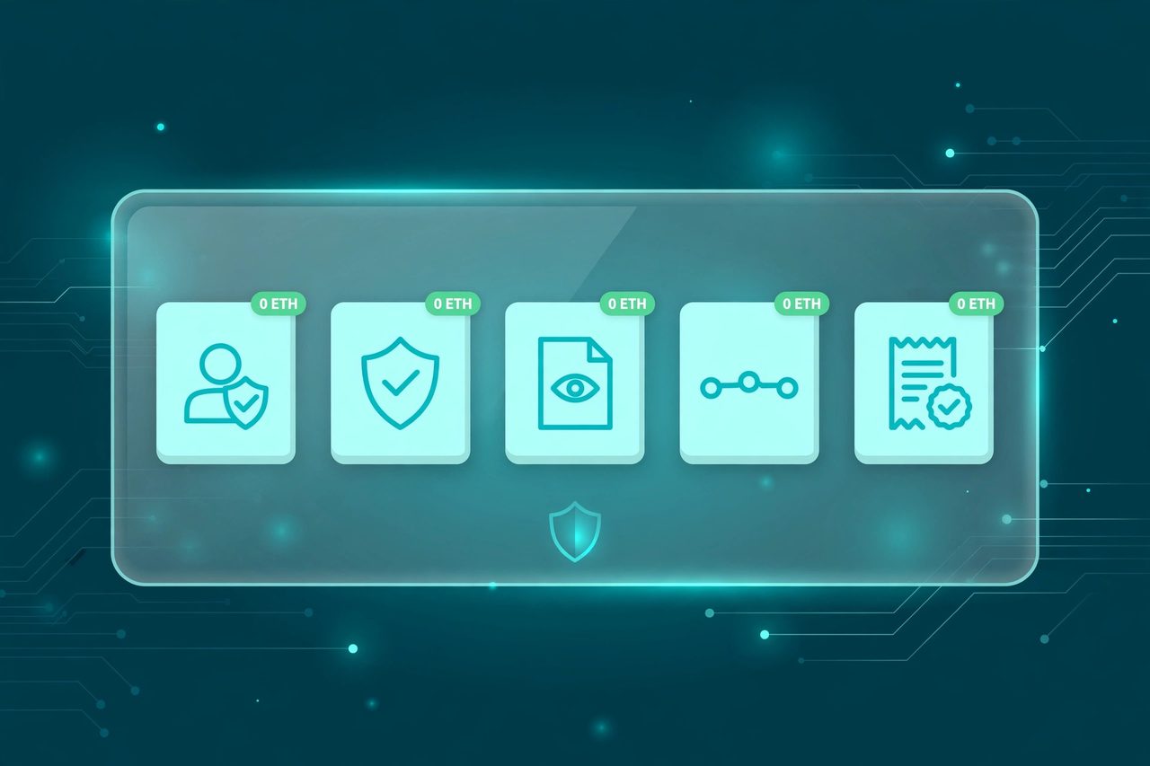 Illustration of a glass control panel with five lifecycle cards, each carrying a green 0 ETH badge