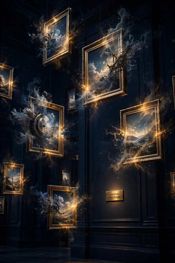 A dark gallery hall with floating luminous frames dissolving into dream imagery