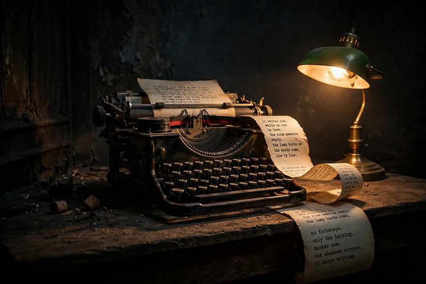 An antique typewriter typing by itself in a dark room