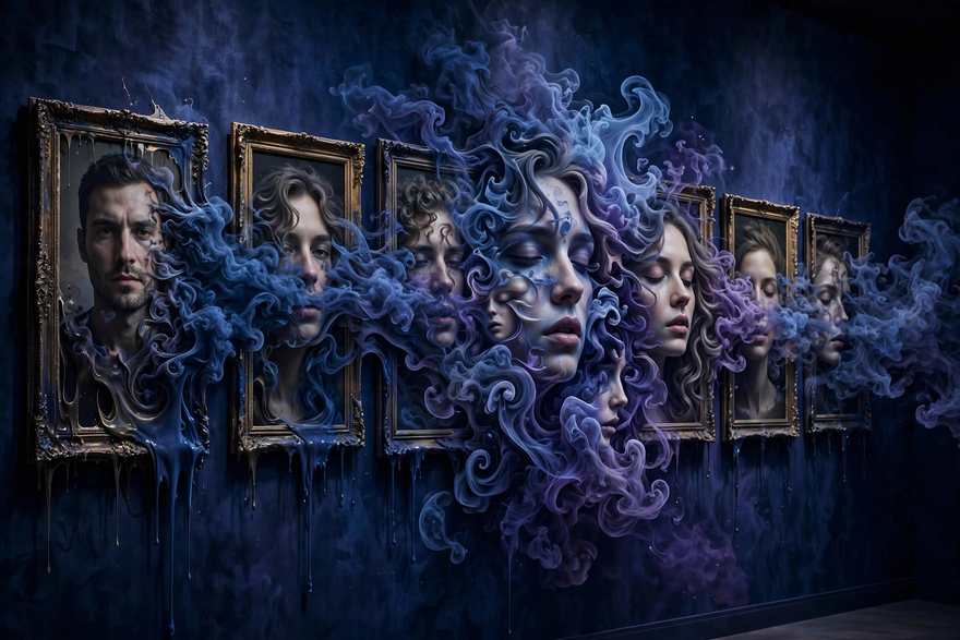 A wall of portraits melting and morphing into one another