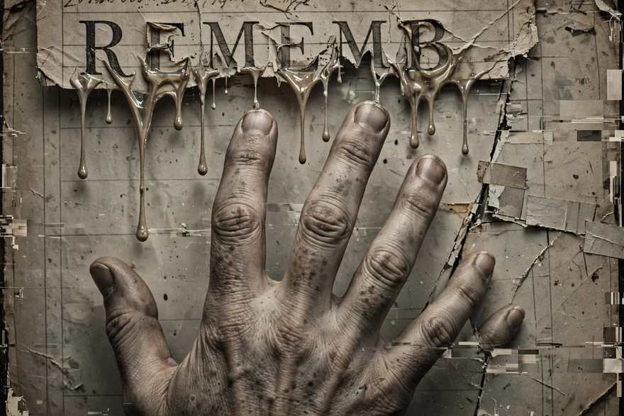 A surreal photograph with a many-fingered hand and melting letters